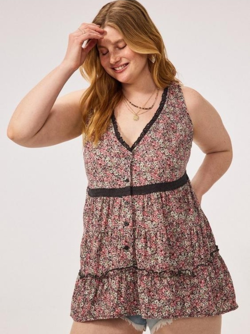 Torrid Pink Floral Lace-Trim Tank Tunic